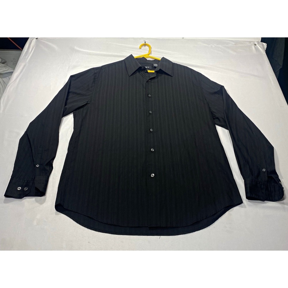 Mens XL Black Slim Fit 34/35 Easy Care Striped Dress Shirt Long Sleeve AXIST